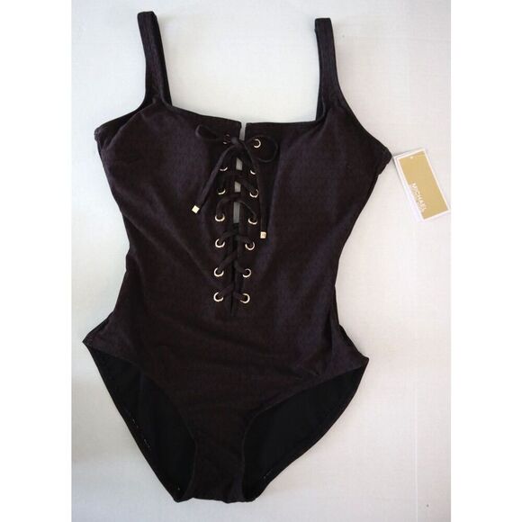 Michael Kors MM2L959-212 Women's Sz 4 Brown Monogram Lace-Up 1-pc Swimsuit - Picture 4 of 5